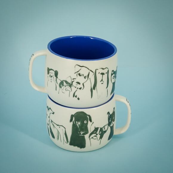 Anthropologie Dog Person Coffee Mugs Ceramic Stoneware Blue Interior Set of 2 - Picture 1 of 7